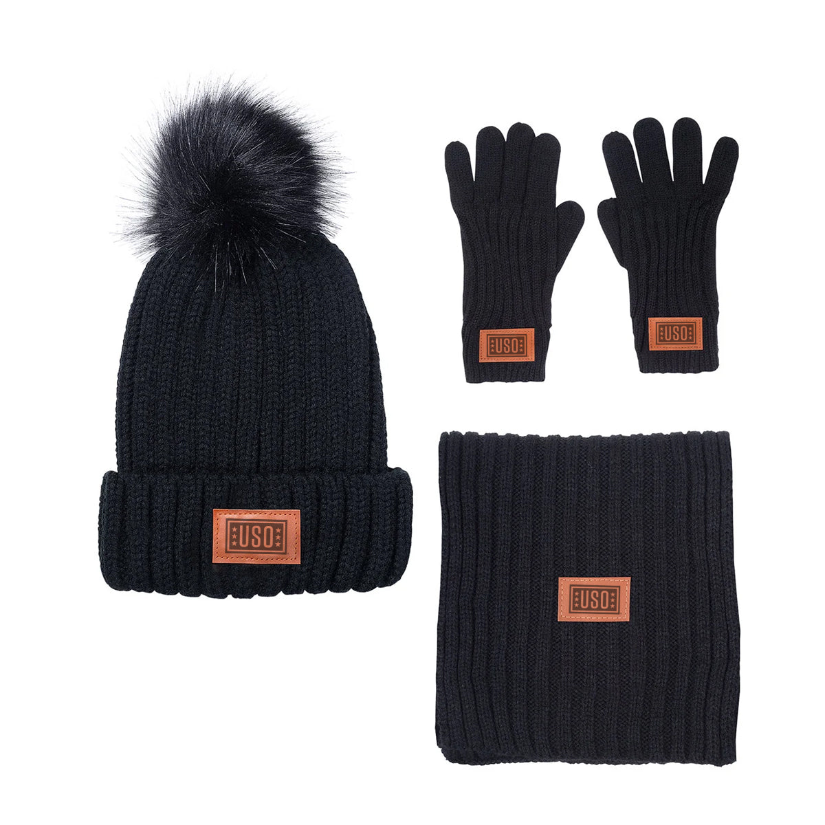 Leeman Three-Piece Rib Knit Fur Pom Winter Set