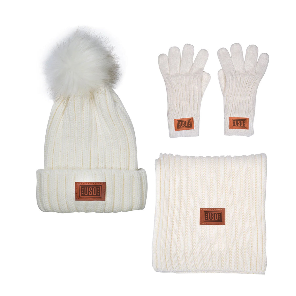 Leeman Three-Piece Rib Knit Fur Pom Winter Set