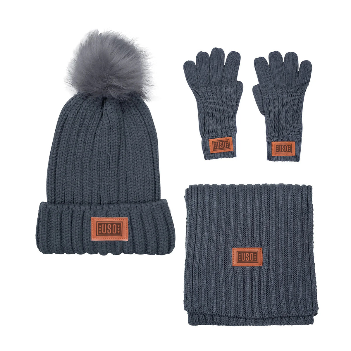 Leeman Three-Piece Rib Knit Fur Pom Winter Set