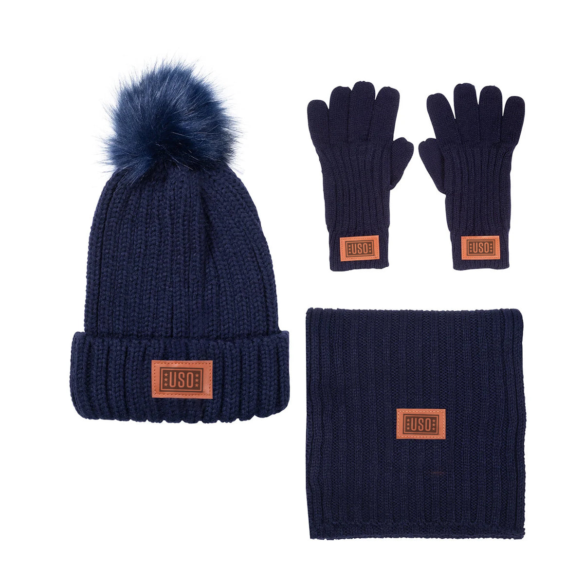 Leeman Three-Piece Rib Knit Fur Pom Winter Set